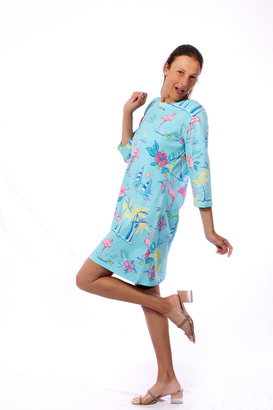 093- Ana Clare Flamingo Turquoise 3/4 Sleeve Dress