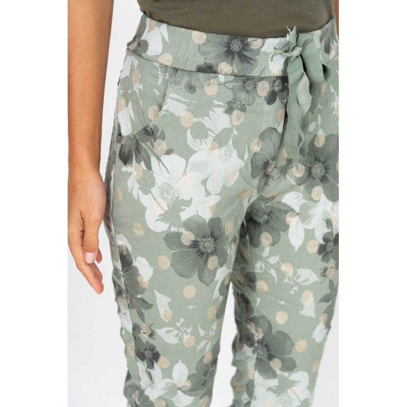 075- Look Mode Green Floral Gold Polka Dot Stretch Crinkle Pants