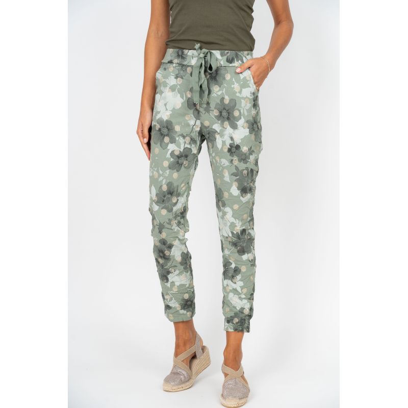 075- Look Mode Green Floral Gold Polka Dot Stretch Crinkle Pants