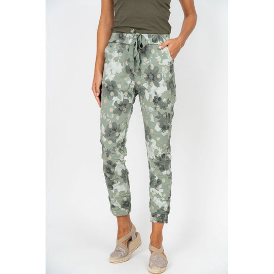 075- Look Mode Green Floral Gold Polka Dot Stretch Crinkle Pants