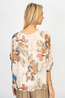 075- Look Mode Beige Floral Silk Top
