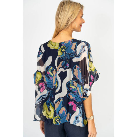 075- Look Mode Navy blue Floral Silk Top