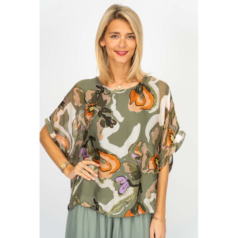 075- Look Mode Army Green Floral Silk Top