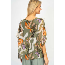 075- Look Mode Army Green Floral Silk Top