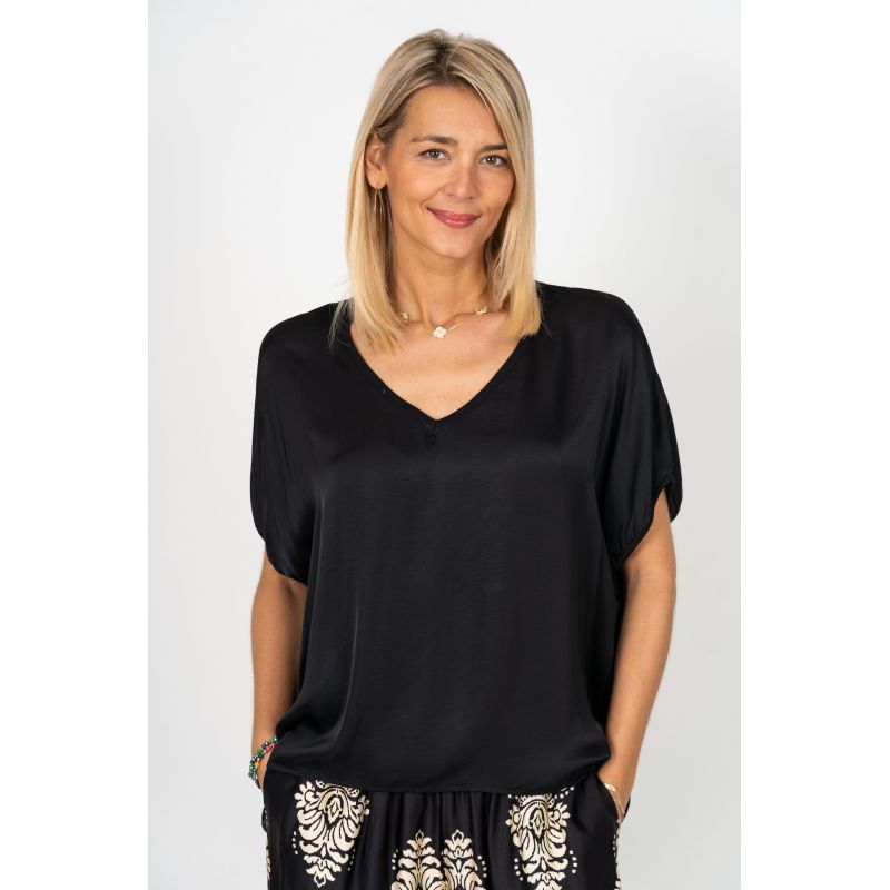 075- Look Mode Satin Short Sleeve Top- Black