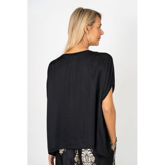 075- Look Mode Satin Short Sleeve Top- Black
