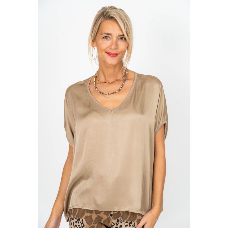 075- Look Mode Satin Short Sleeve Top- Taupe