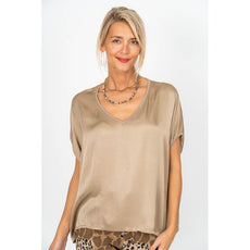 075- Look Mode Satin Short Sleeve Top- Taupe