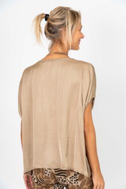075- Look Mode Satin Short Sleeve Top- Taupe