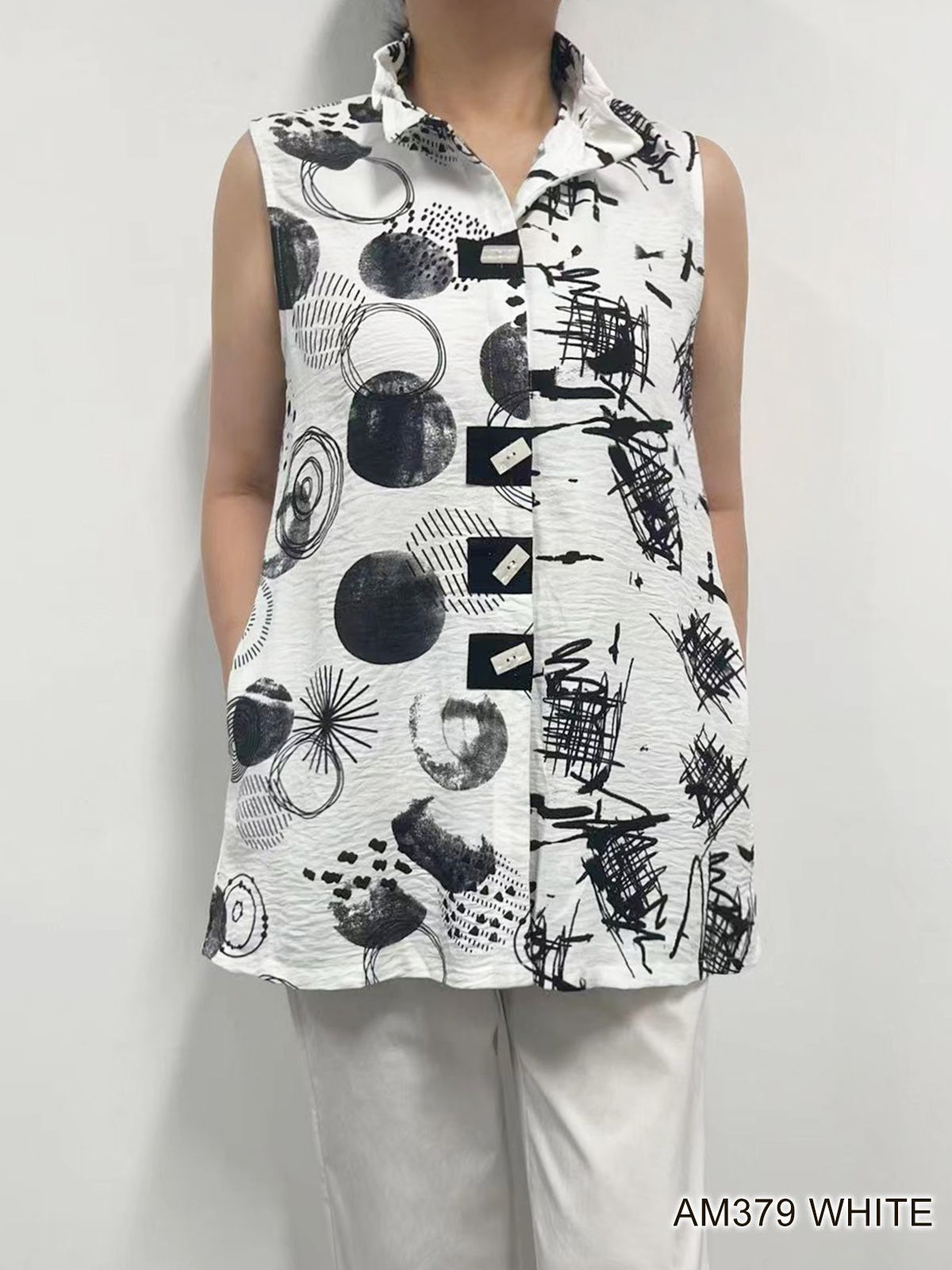 007- Creation  Wire Color Sleeveless Button Up Top
