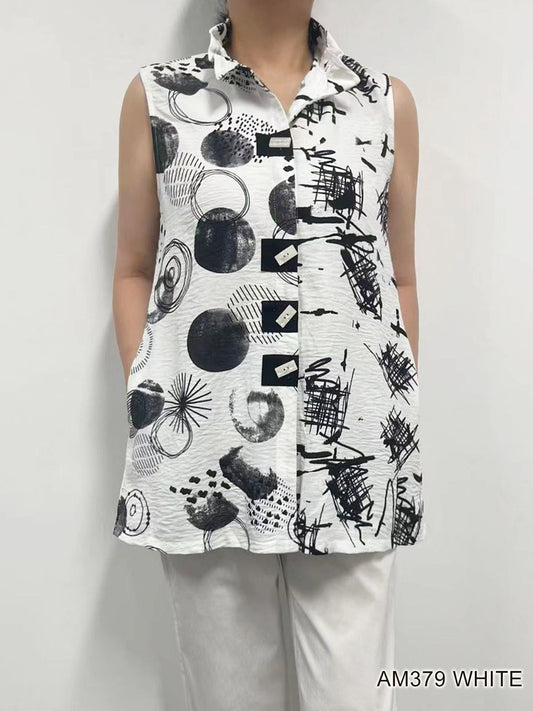 007- Creation  Wire Color Sleeveless Button Up Top