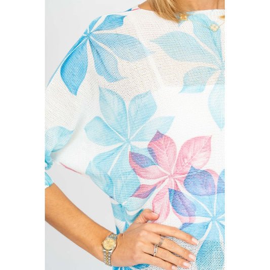 075- Look Mode Turquoise, Blue and Pink Floral Sweater