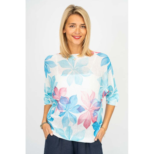 075- Look Mode Turquoise, Blue and Pink Floral Sweater