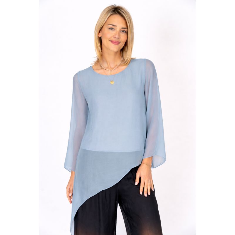 075- Look Mode Tie Silk Blouse- Blue