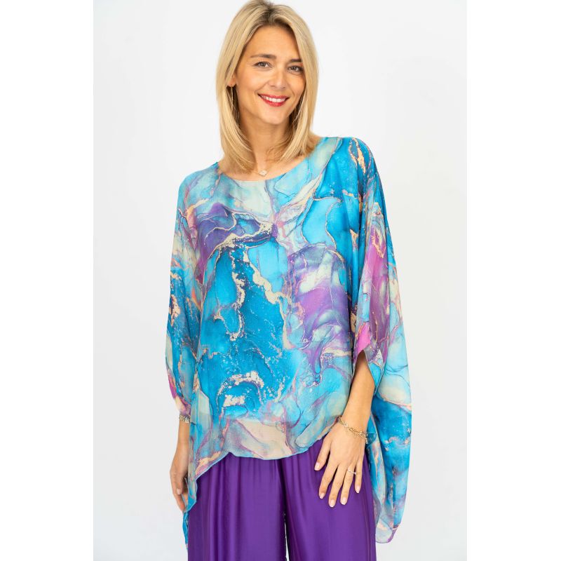075- Look Mode Turquoise and Beige Marble Silk Top