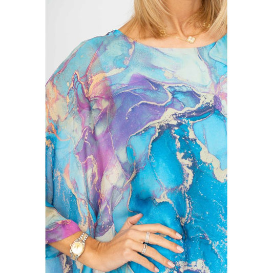 075- Look Mode Turquoise and Beige Marble Silk Top