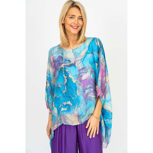 075- Look Mode Turquoise and Beige Marble Silk Top