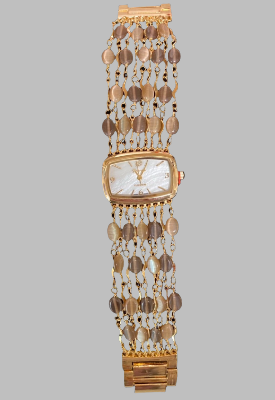 Watch- Beige Cat's Eye Multi Strand Gold