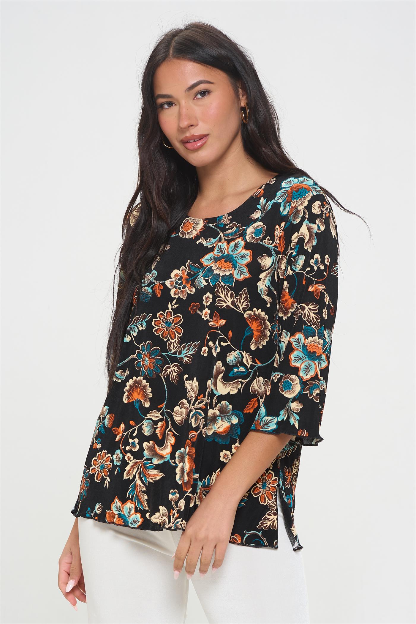 019- Jostar Orange and Teal Floral Print 3/4 Sleeve Top
