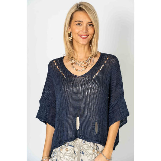 075- Look Mode Navy Blue Short Sleeve Holy Sweater