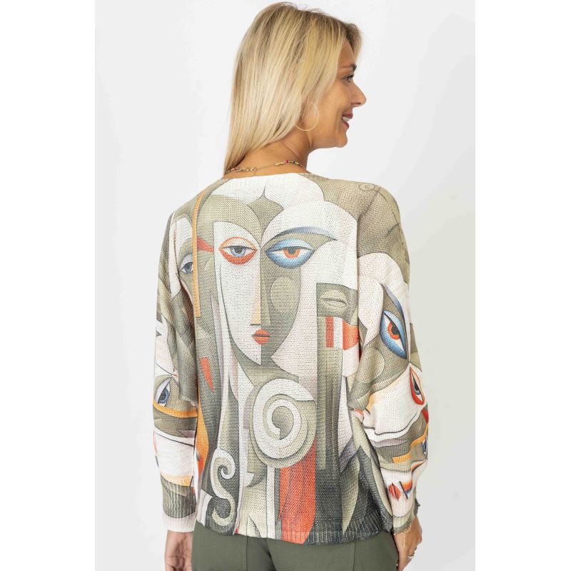 075- Look Mode Face Print Sweater in Olive