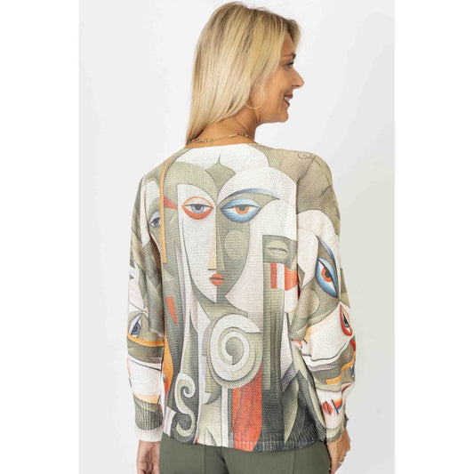 075- Look Mode Face Print Sweater in Olive