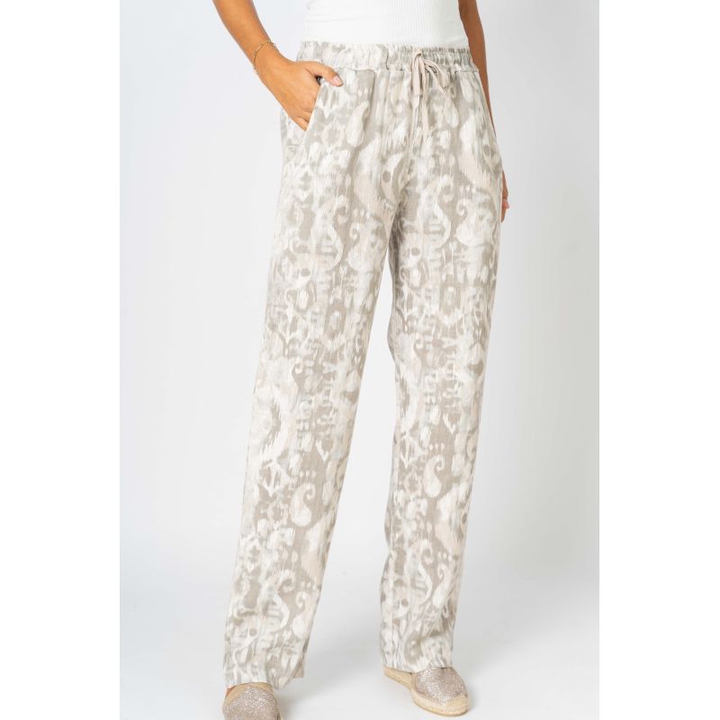 075- Look Mode Beige and White Printed Linen Pull On Pants