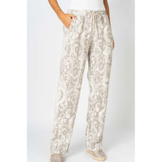 075- Look Mode Beige and White Printed Linen Pull On Pants