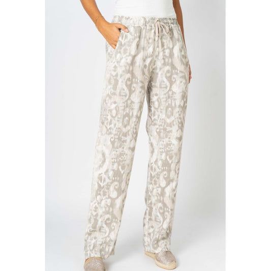 075- Look Mode Beige and White Printed Linen Pull On Pants