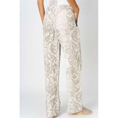 075- Look Mode Beige and White Printed Linen Pull On Pants