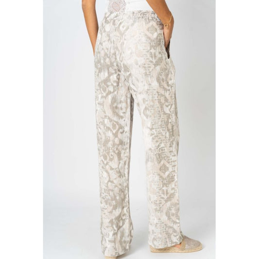 075- Look Mode Beige and White Printed Linen Pull On Pants