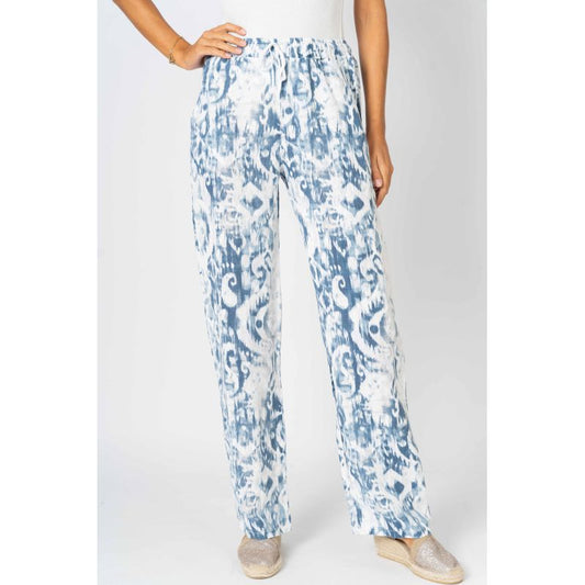 075- Look Mode Navy and White Print Linen Pull On Pants