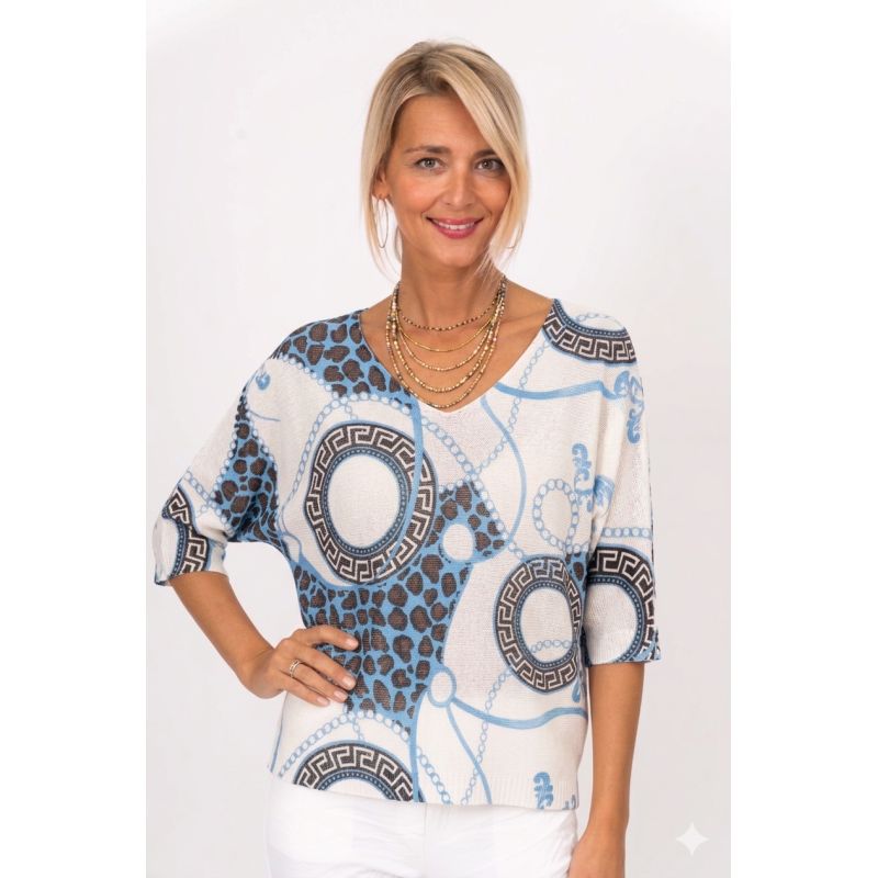 075- Look Mode  Blue Greek Circle Print Sweater