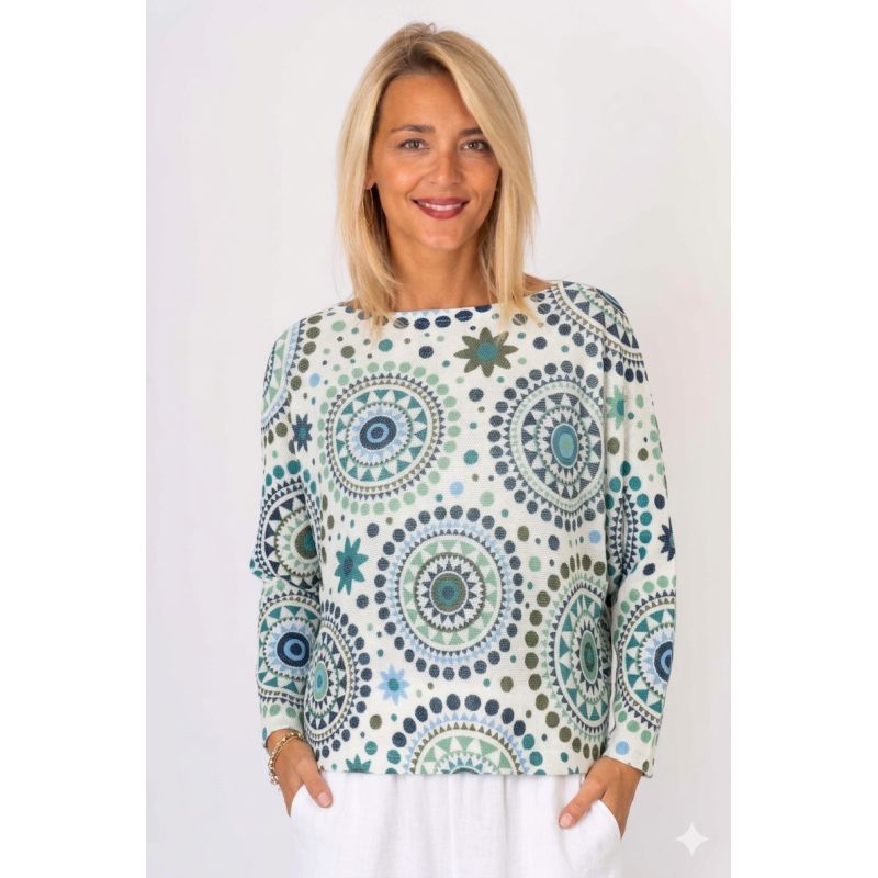 075- Look Mode Blue and Green Geometric Medallion Batwing Sweater
