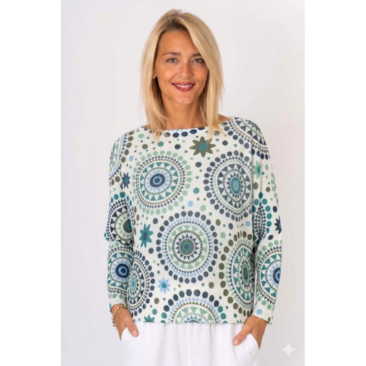 075- Look Mode Blue and Green Geometric Medallion Batwing Sweater