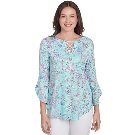 036- Ruby Road Turquoise and Pink Flower Bell Sleeve Top