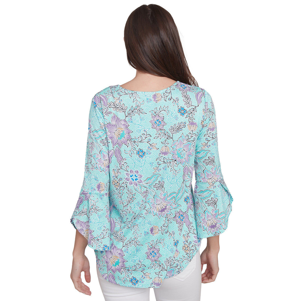 036- Ruby Road Turquoise and Pink Flower Bell Sleeve Top