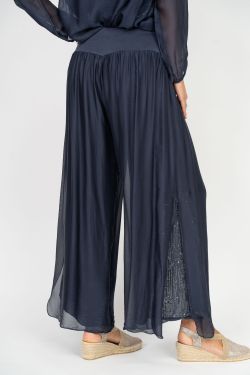 075- Look Mode Navy Blue Silk Slit Sequin Pants