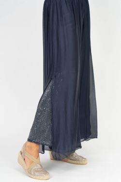 075- Look Mode Navy Blue Silk Slit Sequin Pants