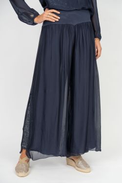 075- Look Mode Navy Blue Silk Slit Sequin Pants
