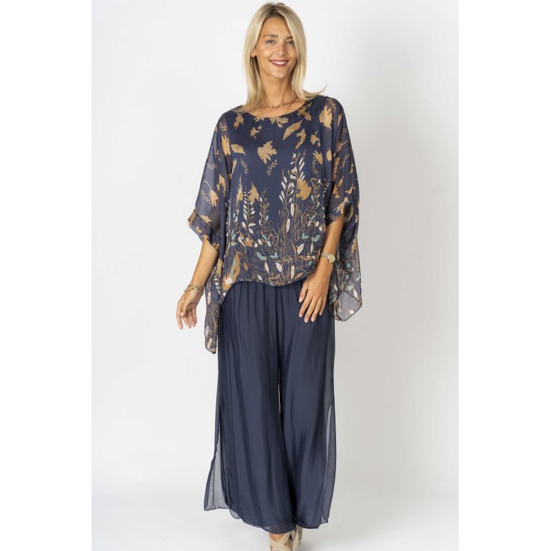 075- Look Mode Navy Side Slit Silk Palazzo Pant