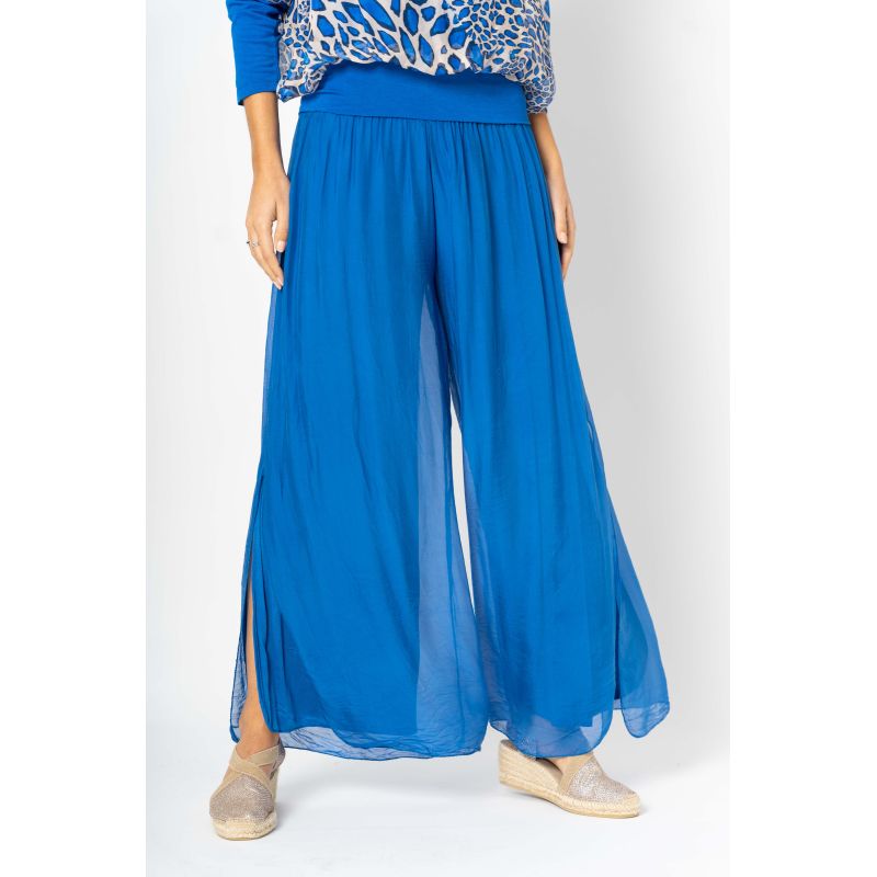075- Look Mode Royal Blue Side Slit Silk Palazzo Pant
