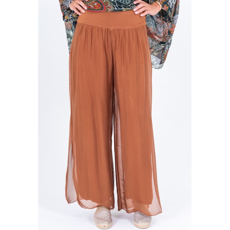 075- Look Mode Rust Side Slit Silk Palazzo Pant