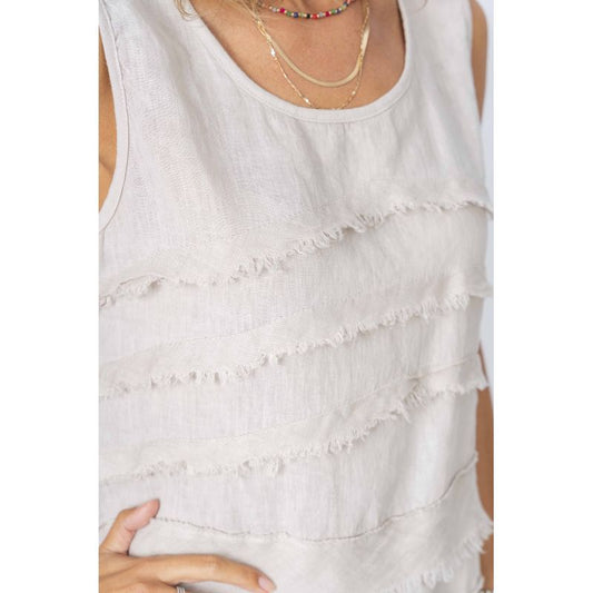 075- Look Mode Sleeveless Frayed Layered Top - White