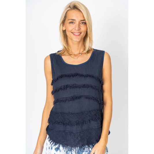 075- Look Mode Sleeveless Frayed Linen Top - Navy Blue