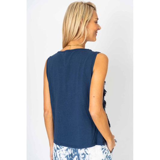 075- Look Mode Sleeveless Frayed Linen Top - Navy Blue