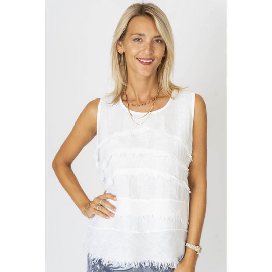 075- Look Mode Sleeveless Frayed Layered Top - White