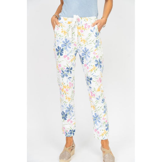 075- Look Mode White with Floral Print Stretch Pants