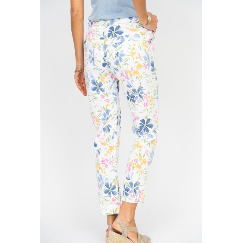 075- Look Mode White with Floral Print Stretch Pants