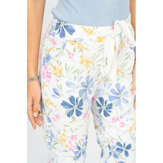 075- Look Mode White with Floral Print Stretch Pants
